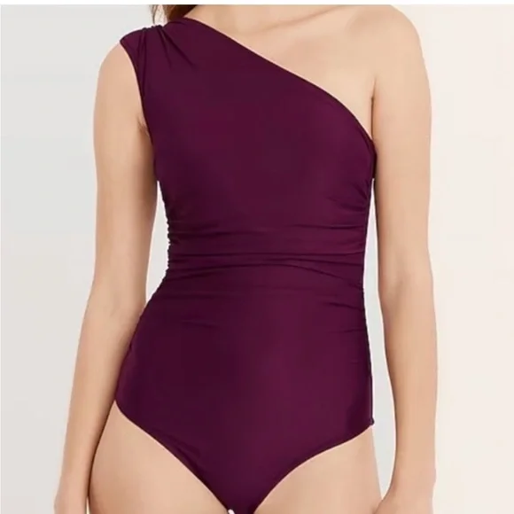 J. Crew Ruched One-Shoulder One-Piece
Swimsuit Iris Purple 14 UPF 50 Padding - Picture 1 of 12